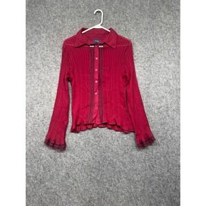 Rag Women Red Pleated Lace Trim‎ Button Down Long Sleeve Blouse Size L